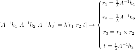 [A^{-1}h_1 \ A^{-1}h_2 \ A^{-1}h_3] = \lambda [r_1 \ r_2 \ t]\rightarrow \left\{\begin{matrix} r_1 = \frac{1}{\lambda}A^{-1}h_1\\\\r_2 = \frac{1}{\lambda} A^{-1}h_2 \\\\ r_3 = r_1\times r_2 \\\\ t = \frac{1}{\lambda} A^{-1}h_3 \end{matrix}\right.