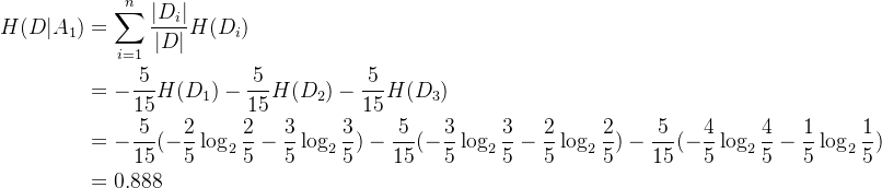 \begin{aligned} H(D|A_1)&=\sum_{i=1}^n\frac{|D_i|}{|D|}H(D_i)\\ &=-\frac{5}{15}H(D_1)-\frac{5}{15}H(D_2)-\frac{5}{15}H(D_3)\\ &=-\frac{5}{15} (-\frac{2}{5}\log_2\frac{2}{5}-\frac{3}{5}\log_2\frac{3}{5})-\frac{5}{15} (-\frac{3}{5}\log_2\frac{3}{5}-\frac{2}{5}\log_2\frac{2}{5}) -\frac{5}{15} (-\frac{4}{5}\log_2\frac{4}{5}-\frac{1}{5}\log_2\frac{1}{5})\\ &=0.888 \end{aligned}