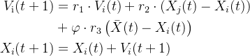\begin{aligned} V_{\mathrm{i}}(t+1) &=r_{1} \cdot V_{i}(t)+r_{2} \cdot\left(X_{j}(t)-X_{i}(t)\right) \\ &+\varphi \cdot r_{3}\left(\bar{X}(t)-X_{i}(t)\right) \\ X_{i}(t+1) &=X_{i}(t)+V_{i}(t+1) \end{aligned}