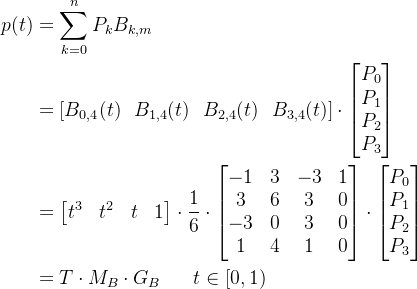 \begin{aligned} p(t)&=\sum^n_{k=0}P_kB_{k,m} \\ &=[B_{0,4}(t) \ \ B_{1,4}(t) \ \ B_{2,4}(t) \ \ B_{3,4}(t)]\cdot\begin{bmatrix}P_0 \\ P_1 \\P_2 \\ P_3 \end{bmatrix} \\ &=\begin{bmatrix} t^3 & t^2 & t & 1 \end{bmatrix}\cdot\frac{1}{6}\cdot\begin{bmatrix} -1 & 3 & -3 & 1 \\ 3 & 6 & 3 & 0 \\ -3 & 0 & 3 & 0 \\ 1 & 4 & 1 & 0 \end{bmatrix}\cdot\begin{bmatrix}P_0 \\ P_1 \\P_2 \\ P_3 \end{bmatrix} \\ &= T\cdot M_B\cdot G_B \ \ \ \ \ t\in[0,1) \end{aligned}