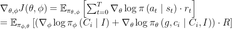 \begin{array}{l} \nabla_{\theta, \phi} J(\theta, \phi)=\mathbb{E}_{\pi_{\theta, \phi}}\left[\sum_{t=0}^{T} \nabla_{\theta} \log \pi\left(a_{t} \mid s_{t}\right) \cdot r_{t}\right] \\ =\mathbb{E}_{\pi_{\phi, \theta}}\left[\left(\nabla_{\phi} \log \pi_{\phi}\left(C_{i} \mid I\right)+\nabla_{\theta} \log \pi_{\theta}\left(g, c_{i} \mid C_{i}, I\right)\right) \cdot R\right] \end{array}
