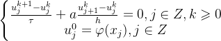 \left\{\begin{matrix} \frac{u^{k+1}_{j}-u^{k}_{j}}{\tau}+a\frac{u^{k}_{j+1}-u^{k}_{j}}{h}=0,j\in Z,k\geqslant 0 \\ u^{0}_{j}=\varphi(x_{j}),j\in Z \end{matrix}\right.