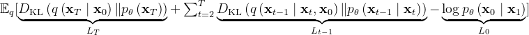 \mathbb{E}_{q}[\underbrace{D_{\mathrm{KL}}\left(q\left(\mathbf{x}_{T} \mid \mathbf{x}_{0}\right) \| p_{\theta}\left(\mathbf{x}_{T}\right)\right)}_{L_{T}}+\sum_{t=2}^{T} \underbrace{D_{\mathrm{KL}}\left(q\left(\mathbf{x}_{t-1} \mid \mathbf{x}_{t}, \mathbf{x}_{0}\right) \| p_{\theta}\left(\mathbf{x}_{t-1} \mid \mathbf{x}_{t}\right)\right)}_{L_{t-1}}-\underbrace{\log p_{\theta}\left(\mathbf{x}_{0} \mid \mathbf{x}_{1}\right)}_{L_{0}}]