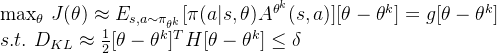 \text{max}_{\theta}\ J(\theta) \approx E_{s,a\sim {\pi_{\theta^k }}}[\pi(a|s,\theta)A^{\theta^k}(s,a)][\theta - \theta^k]=g[\theta - \theta^k] \\ s.t. \ D_{KL} \approx \frac{1}{2}[\theta - \theta^k]^T H[\theta - \theta^k] \leq \delta
