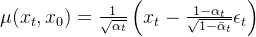 {\mu}(x_t,x_0)=\frac{1}{\sqrt{\alpha_{t}}}\left(x_{t}-\frac{1-\alpha_{t}}{\sqrt{1-\bar{\alpha}_{t}}}{\epsilon_t}\right)