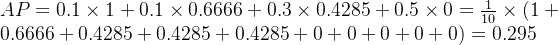 AP=0.1\times 1+0.1\times 0.6666+0.3\times 0.4285+0.5\times 0=\frac{1}{10}\times (1+0.6666+0.4285+0.4285+0.4285+0+0+0+0+0)=0.295
