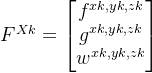 F^{Xk}=\begin{bmatrix} f^{xk,yk,zk} \\ g^{xk,yk,zk} \\ w^{xk,yk,zk}\end{bmatrix}