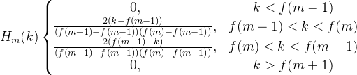 H_{m}(k)\left\{\begin{matrix} 0, & k <f(m-1) & \\ \frac{2(k-f(m-1))}{(f(m+1)-f(m-1))(f(m)-f(m-1))}, & f(m-1)<k<f(m) & \\ \frac{2(f(m+1)-k)}{(f(m+1)-f(m-1))(f(m)-f(m-1))}, & f(m)<k<f(m+1) & \\ 0,& k>f(m+1) & \end{matrix}\right.