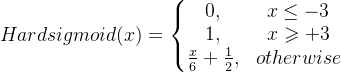 Hardsigmoid(x)=\left\{\begin{matrix} 0, & x\leq -3 \\ 1, & x\geq +3 \\ \frac{x}{6}+\frac{1}{2}, & otherwise \end{matrix}\right.