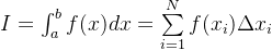 I = \int_{a}^{b}f(x)dx=\sum\limits_{i=1}\limits^{N}f(x_i) \Delta{x_i}