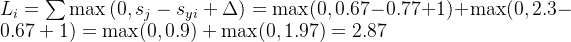 L_{i}=\sum \max \left(0, s_{j}-s_{y i}+\Delta\right)=\max (0,0.67-0.77+1)+\max (0,2.3-0.67+1) =\max (0,0.9)+\max (0,1.97)=2.87