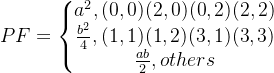 PF = \left\{\begin{matrix} {a}^2 , (0,0)(2,0)(0,2)(2,2) \\ \frac{​{b}^2}{4}, (1,1)(1,2)(3,1)(3,3) \\ \frac{ab}{2} , others \end{matrix}\right.