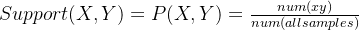Support(X,Y) = P(X,Y) = \frac{num(xy)}{num(allsamples)}