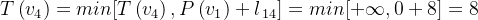 T\left ( v_{4} \right )= min[T\left ( v_{4} \right ),P\left ( v_{1} \right )+l_{\, 14}]= min[+\infty ,0+8]= 8