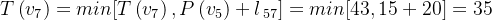 T\left ( v_{7} \right )= min[T\left ( v_{7} \right ),P\left ( v_{5} \right )+l_{\, 57}]= min[43,15+20]= 35