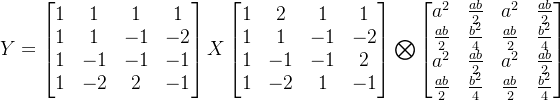 Y = \begin{bmatrix} 1 & 1 & 1 & 1\\ 1 & 1 & -1 & -2 \\ 1 & -1 & -1 & -1 \\ 1 & -2 & 2 & -1 \end{bmatrix}X \begin{bmatrix} 1 & 2 & 1 & 1\\ 1 & 1 & -1 & -2 \\ 1 & -1 & -1 & 2 \\ 1 & -2 & 1 & -1 \end{bmatrix}\bigotimes \begin{bmatrix} a^{2} & \frac{ab}{2} & a^{2} & \frac{ab}{2}\\ \frac{ab}{2} & \frac{b^{2}}{4} & \frac{ab}{2} & \frac{b^{2}}{4}\\ a^{2} & \frac{ab}{2}& a^{2}& \frac{ab}{2}\\ \frac{ab}{2} & \frac{b^{2}}{4} & \frac{ab}{2}& \frac{b^{2}}{4} \end{bmatrix}