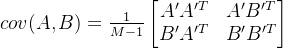 cov(A,B) = \frac{1}{M-1}\begin{bmatrix} A'A'^T& A'B'^T \\ B'A'^T& B'B'^T \end{bmatrix}