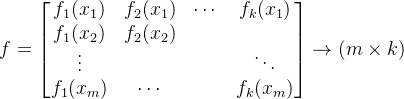 f=\begin{bmatrix} f_1(x_1) & f_2(x_1) &\cdots &f_k(x_1) \\ f_1(x_2)&f_2(x_2) & & \\ \vdots & & &\ddots \\ f_1(x_m)&\cdots & & f_k(x_m) \end{bmatrix}\rightarrow (m\times k)
