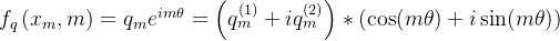f_{q}\left(x_{m}, m\right) = q_{m} e^{i m \theta}=\left(q_{m}^{(1)}+i q_{m}^{(2)}\right) *(\cos (m \theta)+i \sin (m \theta))