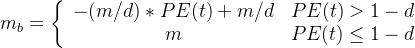 m_{b}=\left\{\begin{array}{cc} -(m / d) * P E(t)+m / d & P E(t)>1-d \\ m & P E(t) \leq 1-d \end{array}\right.