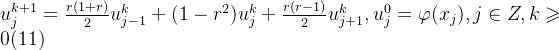 u^{k+1}_{j}=\frac{r(1+r)}{2}u^{k}_{j-1}+(1-r^{2})u^{k}_{j} +\frac{r(r-1)}{2}u^{k}_{j+1},u^{0}_{j}=\varphi(x_{j}),j\in Z,k \geqslant 0 \space\space\space\space(11)