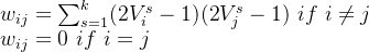 w_{ij}=\sum_{s=1}^{k}(2V_{i}^{s}-1)(2V^{s}_{j}-1) \ if \ i\neq j \\ w_{ij}=0 \ if \ i=j