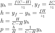 y_h=\frac{f(C-H)}{z_1},y_f=\frac{fC}{z_1} \\h=y_f-y_h=\frac{fH}{z_1}\\ h=\frac{H}{C-H}y_h\\p=\frac{h}{H}=\frac{1}{C-H}y_h